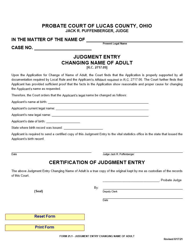 Judgment Entry Change Of Name Of Adult {21.1} | Pdf Fpdf Doc Docx | Ohio