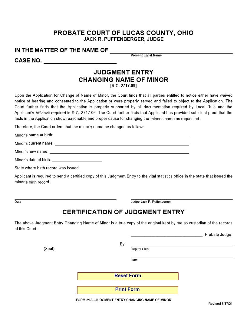 Judgment Entry Change of Name of Minor {21.3} | Pdf Fpdf Doc Docx | Ohio