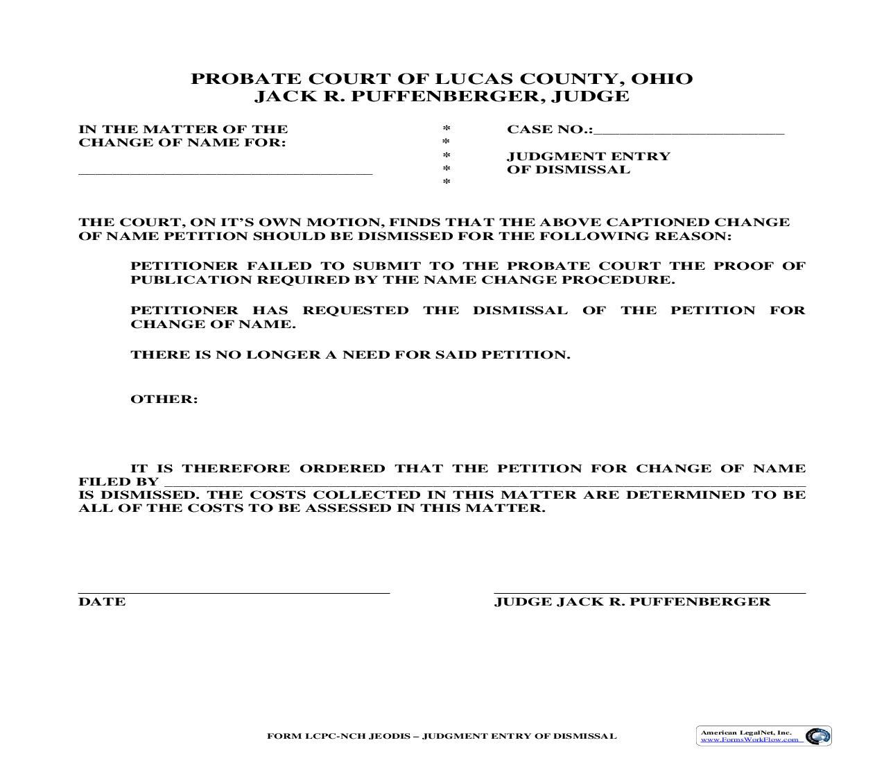 Judgment Entry Of Dismissal {LCPC-NCH JEODIS} | Pdf Fpdf Doc Docx | Ohio