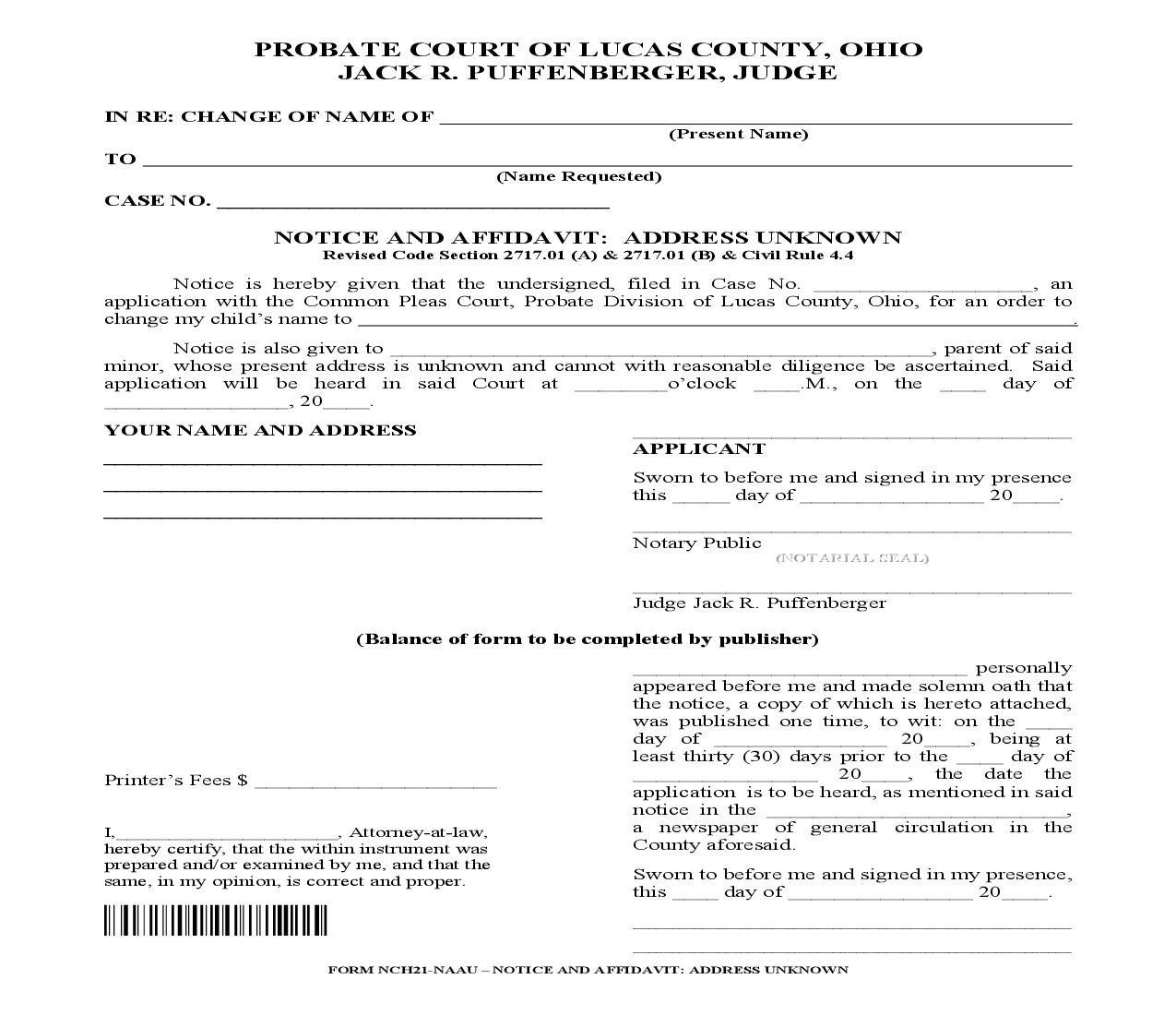 Notice And Affidavit Address Unknown {NCH21-NAAU} | Pdf Fpdf Doc Docx | Ohio