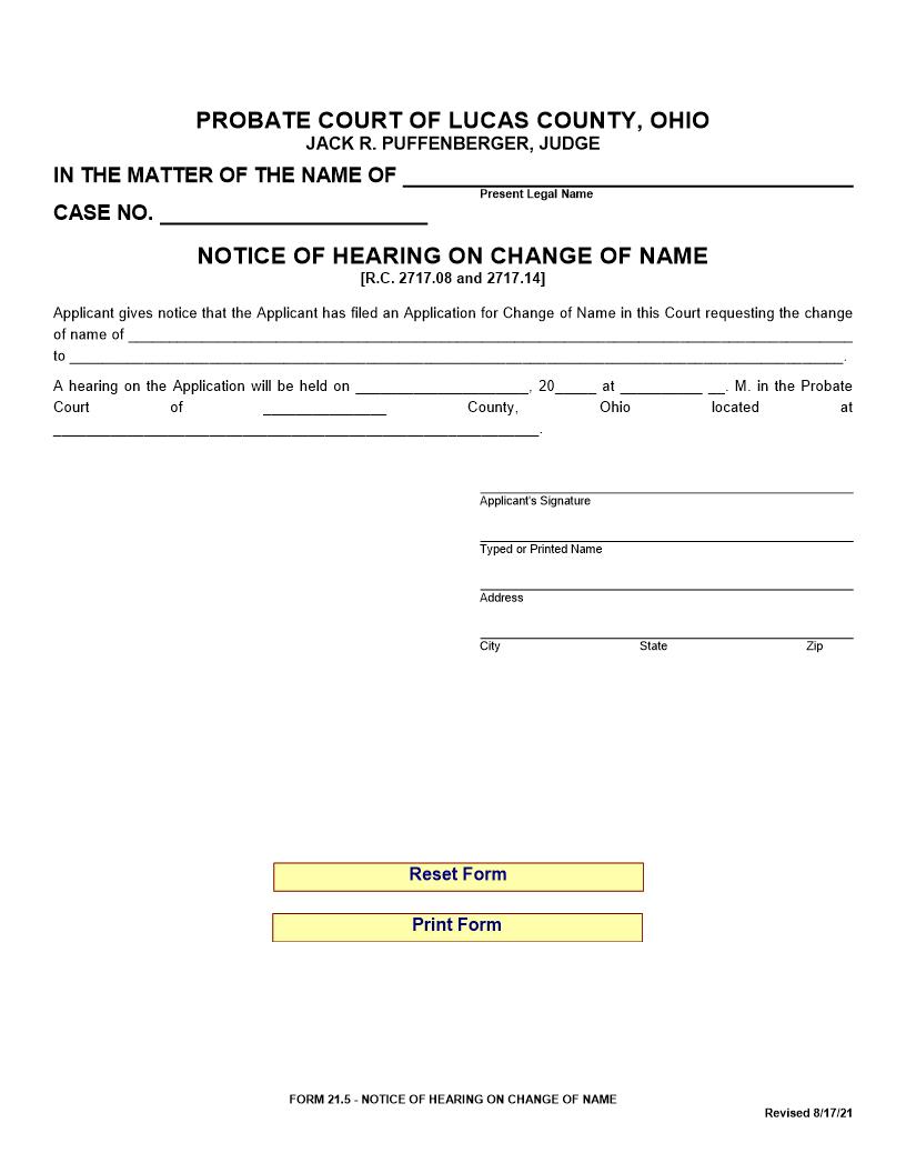 Notice Of Hearing On Change Of Name {21.5} | Pdf Fpdf Doc Docx | Ohio