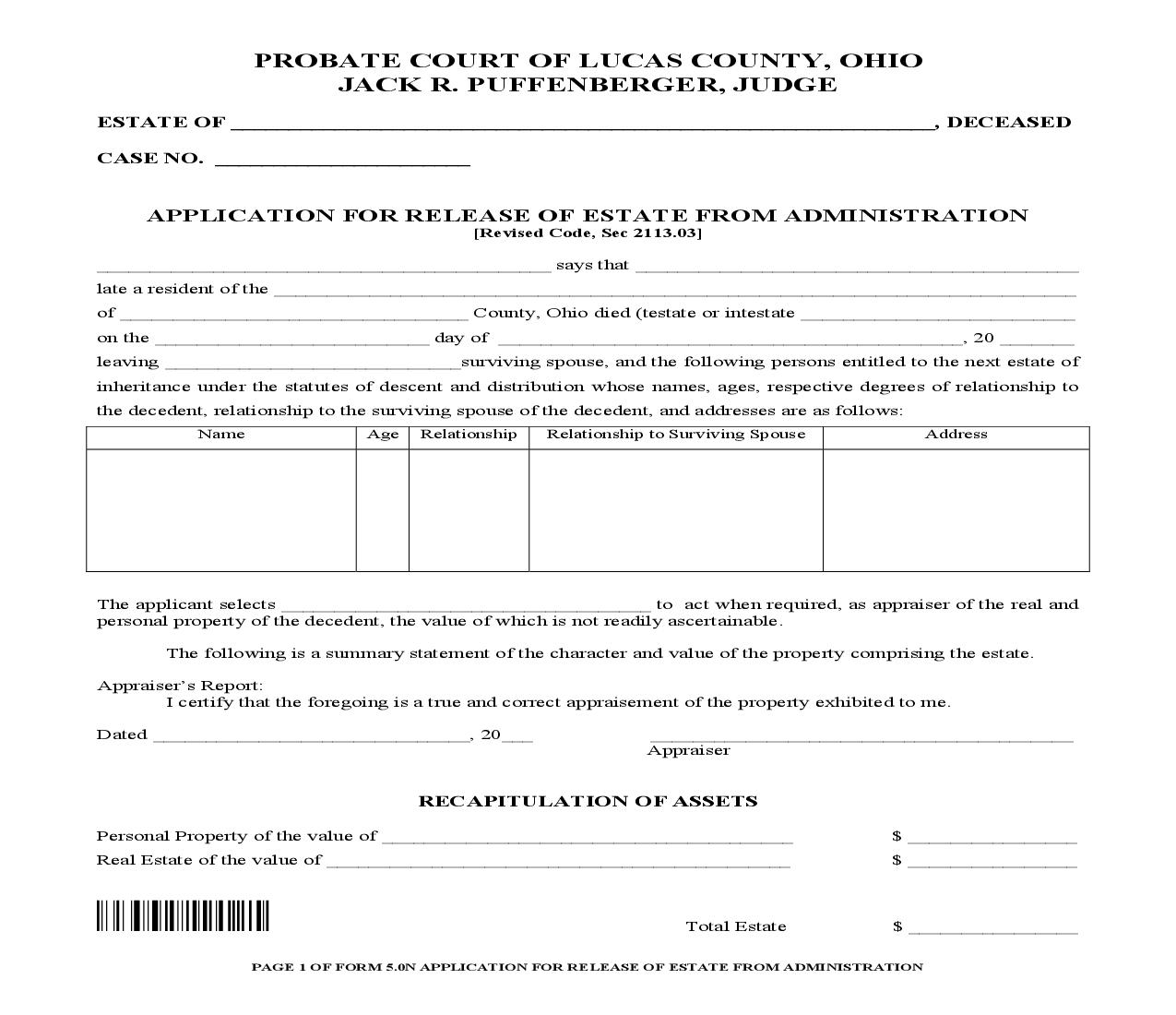 Application For Release Of Estate From Administration - Short Form {5.0N} | Pdf Fpdf Doc Docx | Ohio