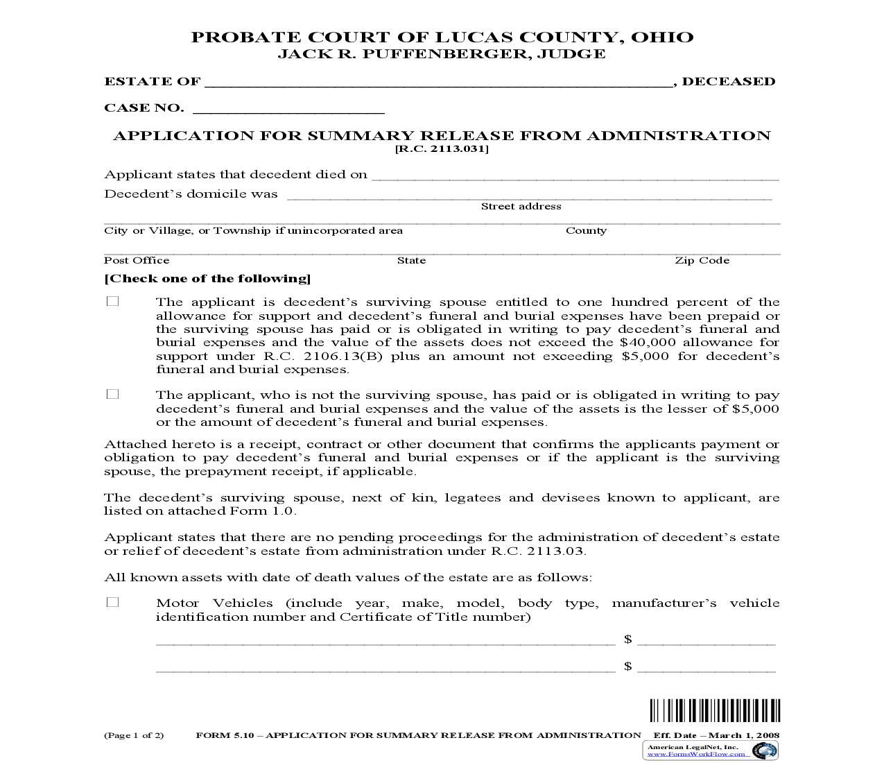 Application For Summary Release From Administration {5.10} | Pdf Fpdf Doc Docx | Ohio