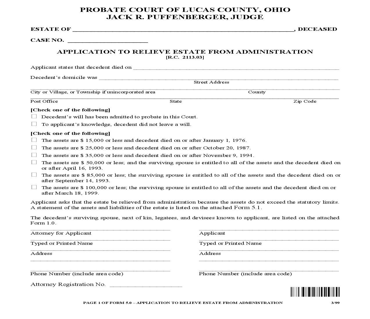 Application To Relieve Estate From Administration {5.0} | Pdf Fpdf Doc Docx | Ohio