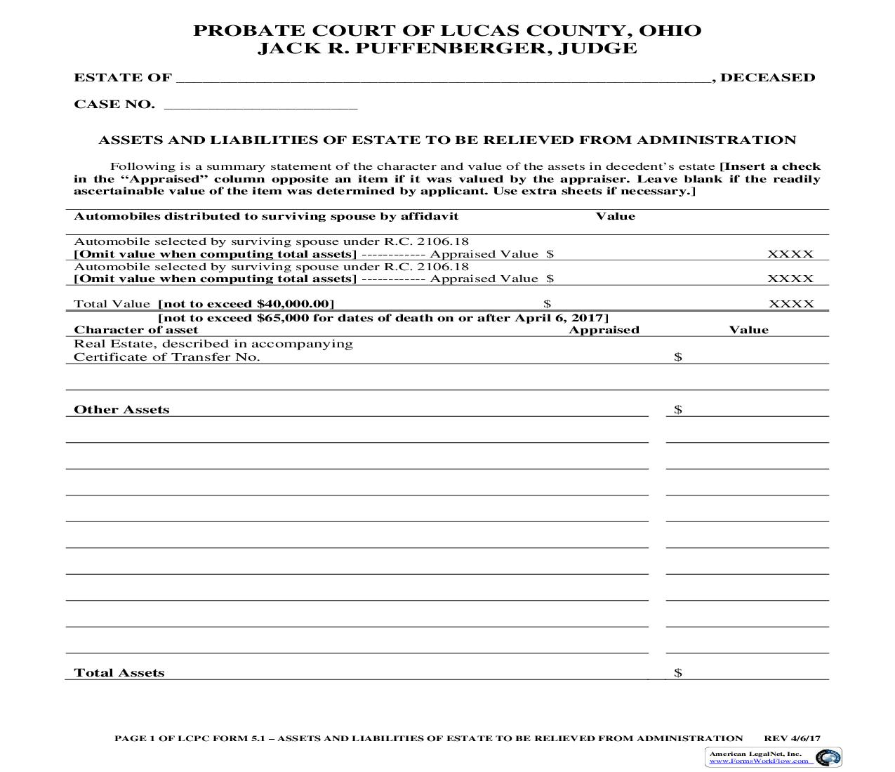 Assets And Liabilities Of Estate To Be Relieved From Administration {5.1} | Pdf Fpdf Doc Docx | Ohio