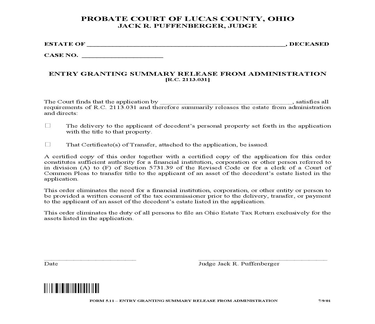 Entry Granting Summary Release From Administration {5.11} | Pdf Fpdf Doc Docx | Ohio