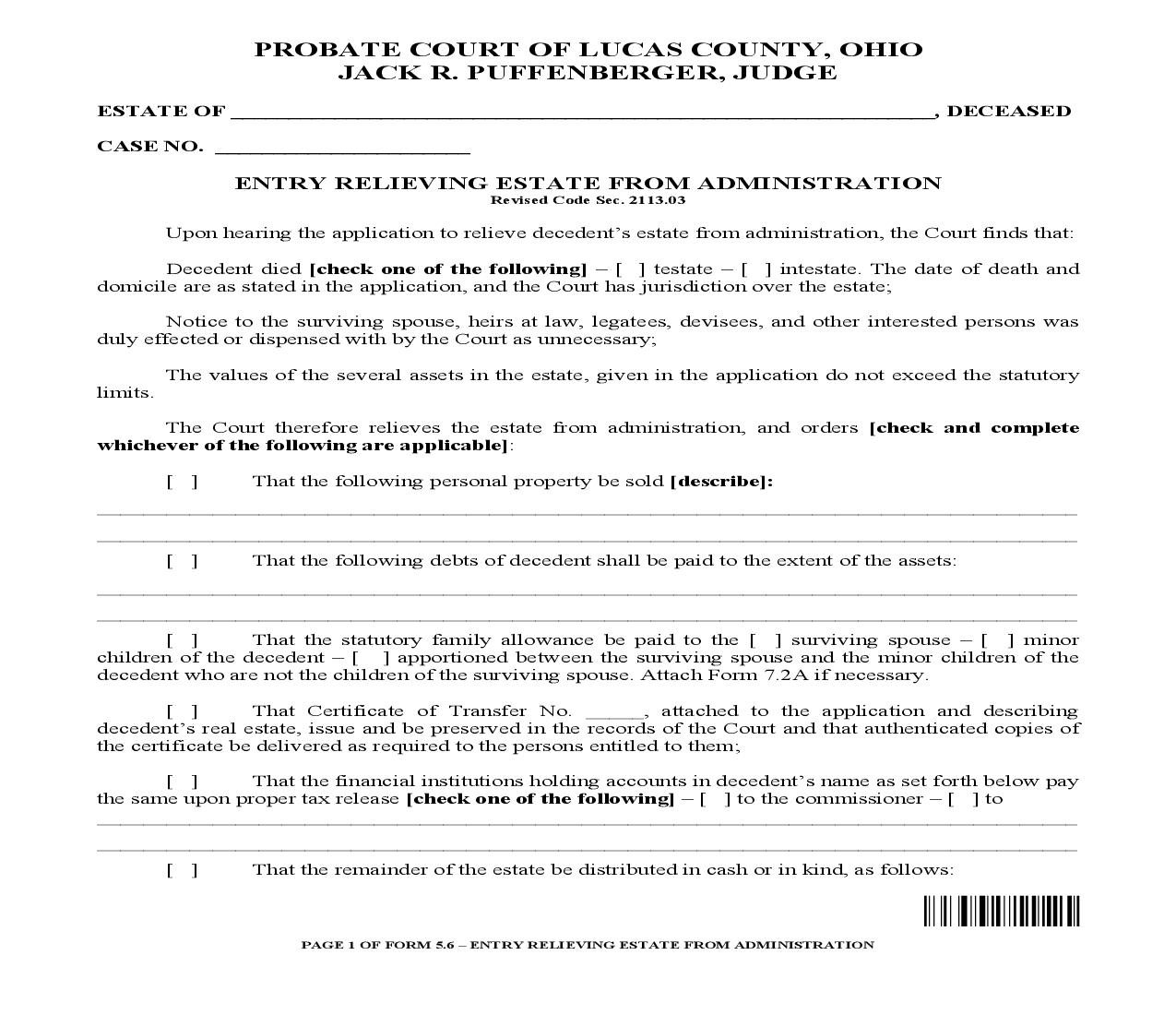 Entry Relieving Estate From Administration {5.6} | Pdf Fpdf Doc Docx | Ohio