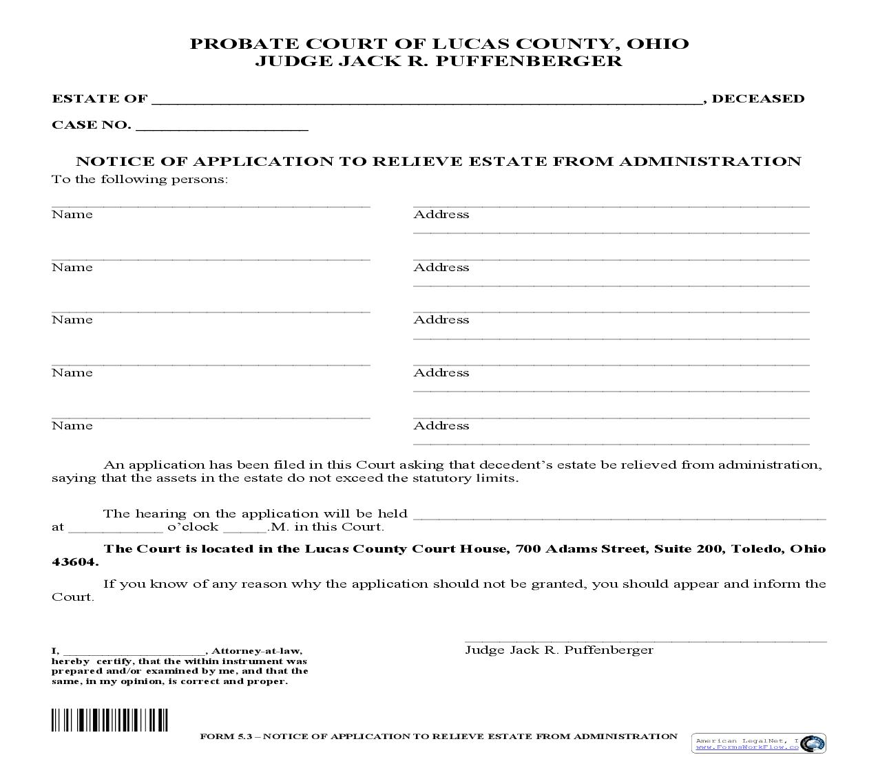 Notice Of Application To Relieve Estate From Administration {5.3} | Pdf Fpdf Doc Docx | Ohio