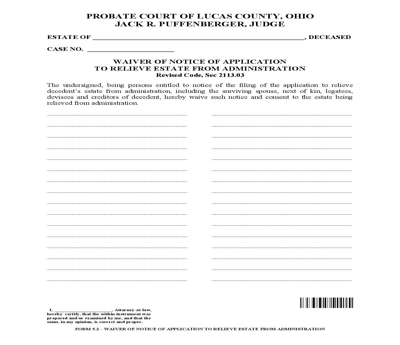 Waiver Of Notice Of Application To Relieve Estate From Administration {5.2} | Pdf Fpdf Doc Docx | Ohio