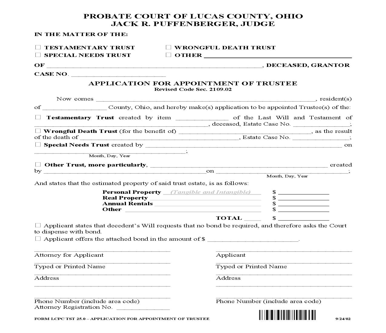 Application For Appointment Of Trustee {TST 25.0} | Pdf Fpdf Doc Docx | Ohio