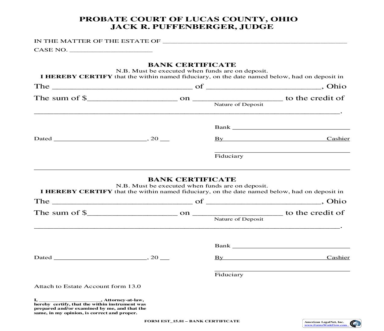 Bank Certificate {TST 15.81} | Pdf Fpdf Doc Docx | Ohio