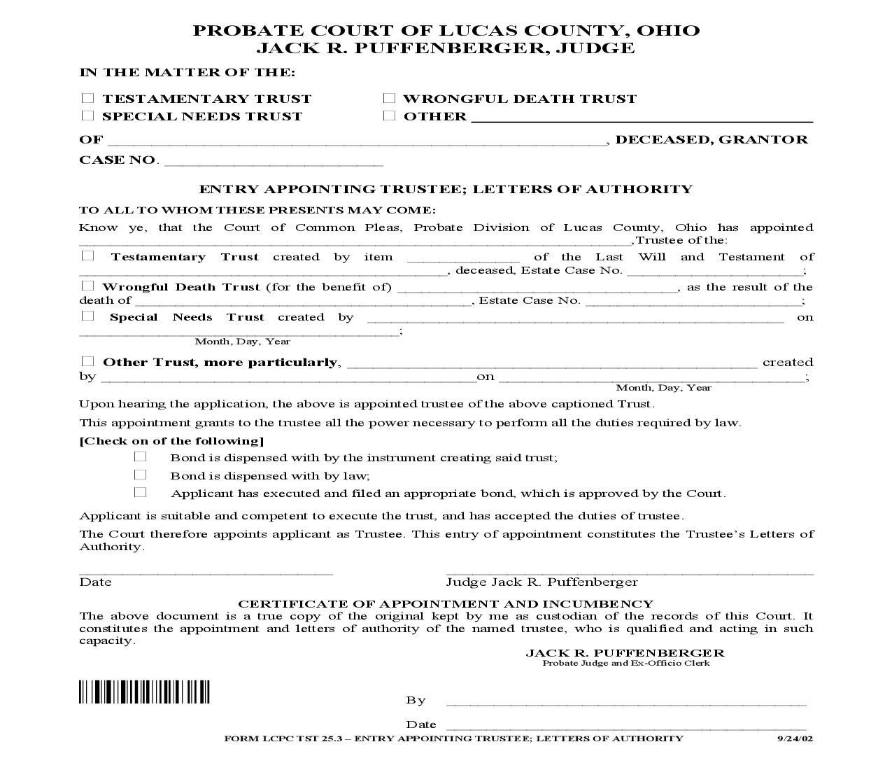 Entry Appointing Trustee Letters of Authority {TST 25.3} | Pdf Fpdf Doc Docx | Ohio