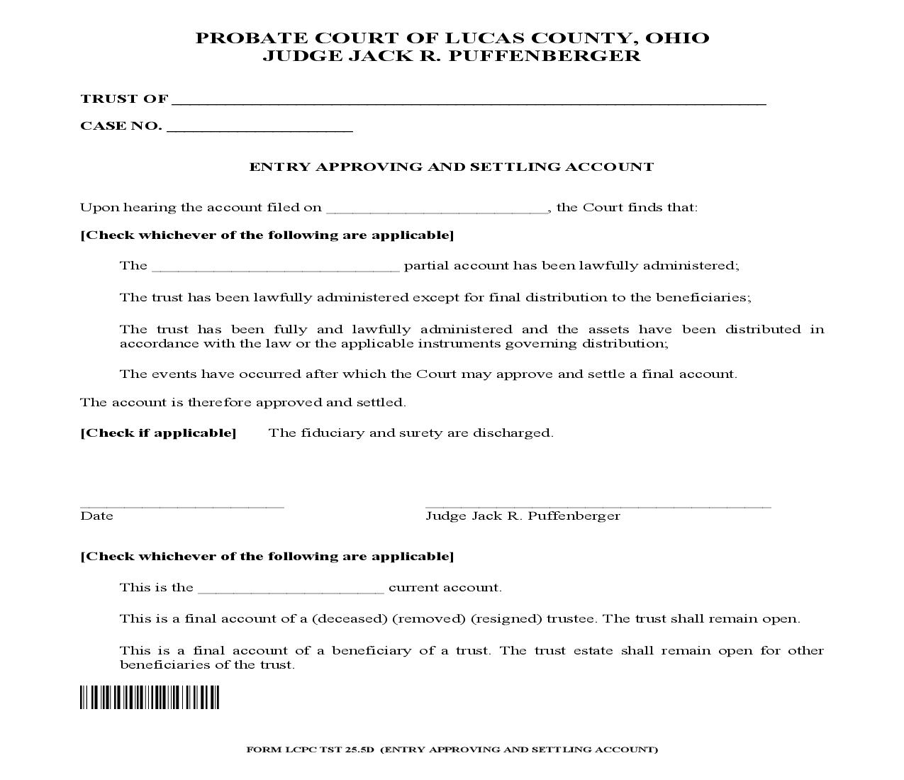 Entry Approving And Settling Account {TST 25.5D} | Pdf Fpdf Doc Docx | Ohio