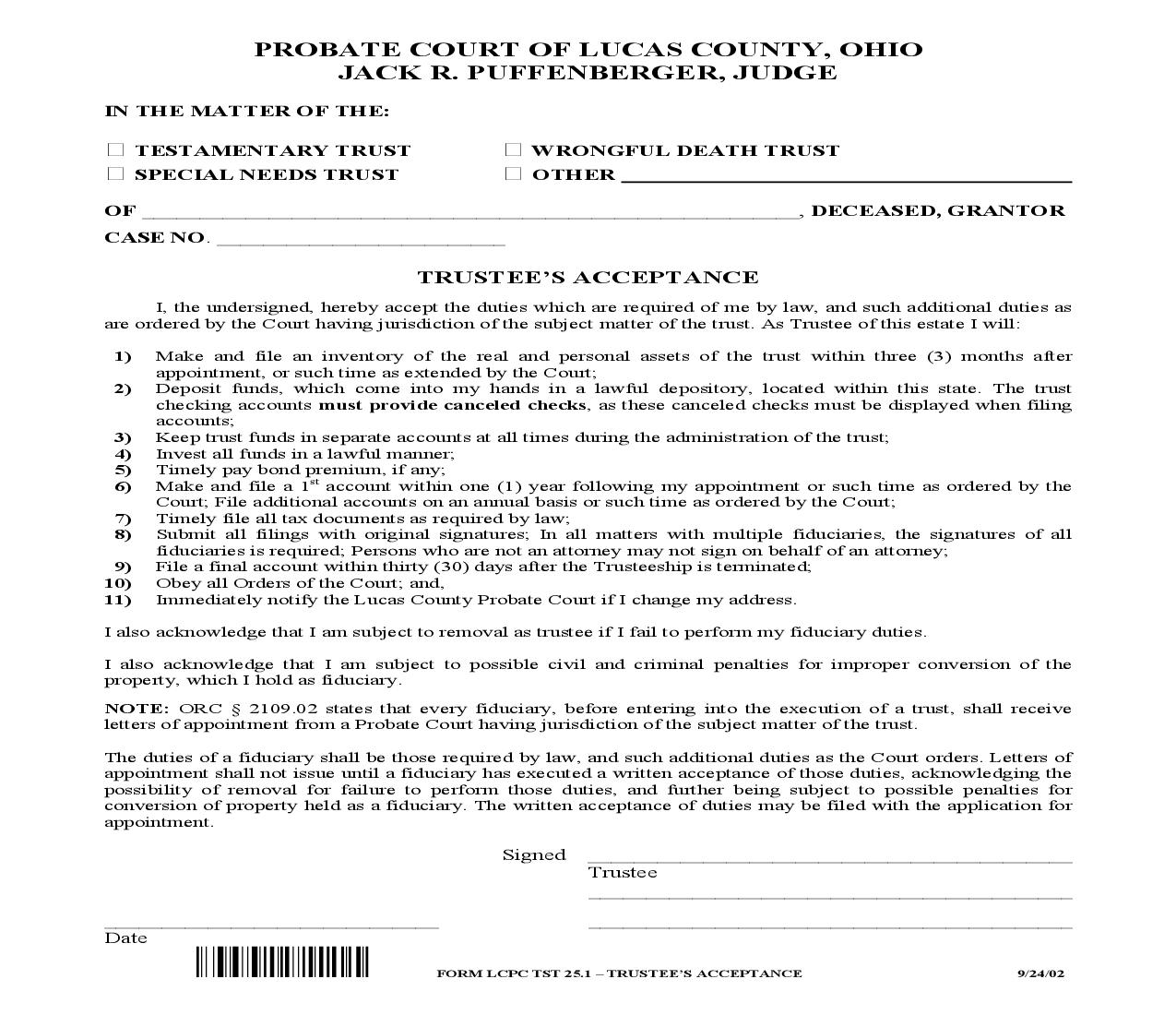 Trustees Acceptance {TST 25.1} | Pdf Fpdf Doc Docx | Ohio