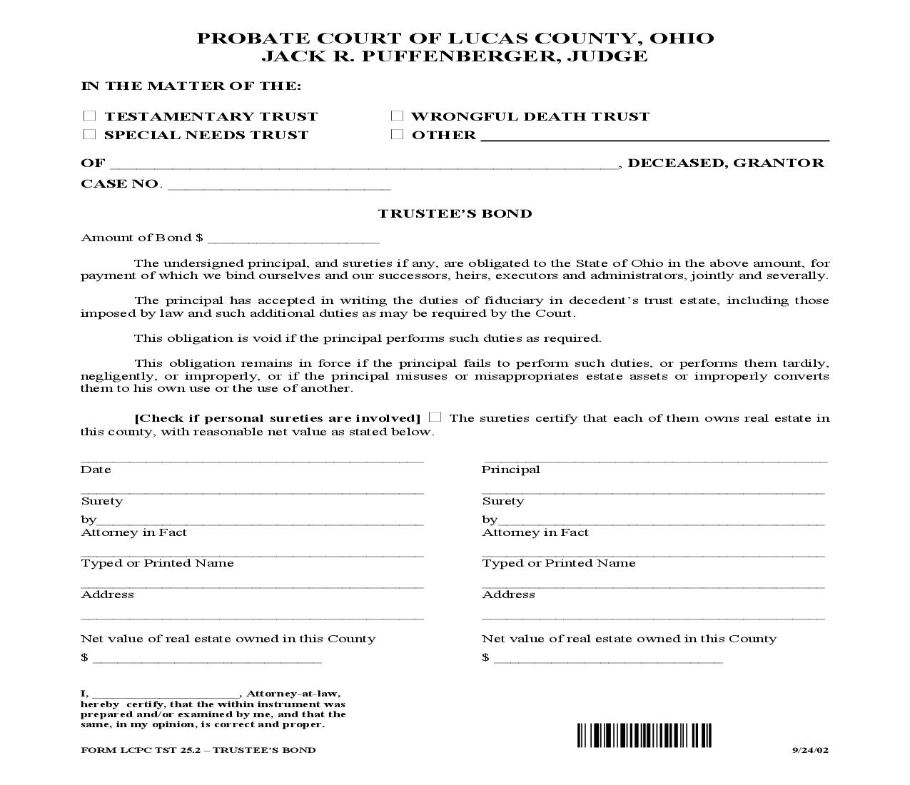 Trustees Bond {TST 25.2} | Pdf Docx | Ohio