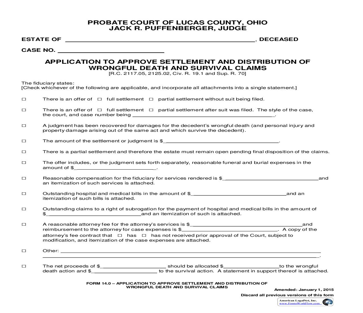 Application To Approve Settlement And Distribution Of Wrongful Death And Survival Claims {14.0} | Pdf Fpdf Doc Docx | Ohio