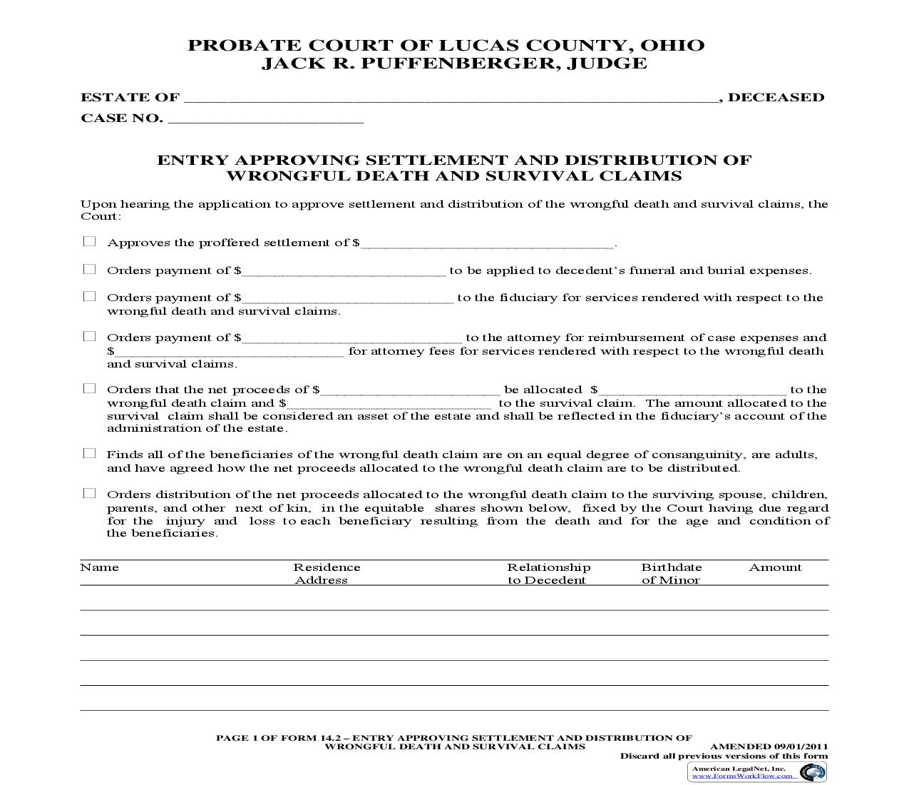 Entry Approving Settlement And Distribution Of Wrongful Death And Survival Claims {14.2} | Pdf Fpdf Doc Docx | Ohio
