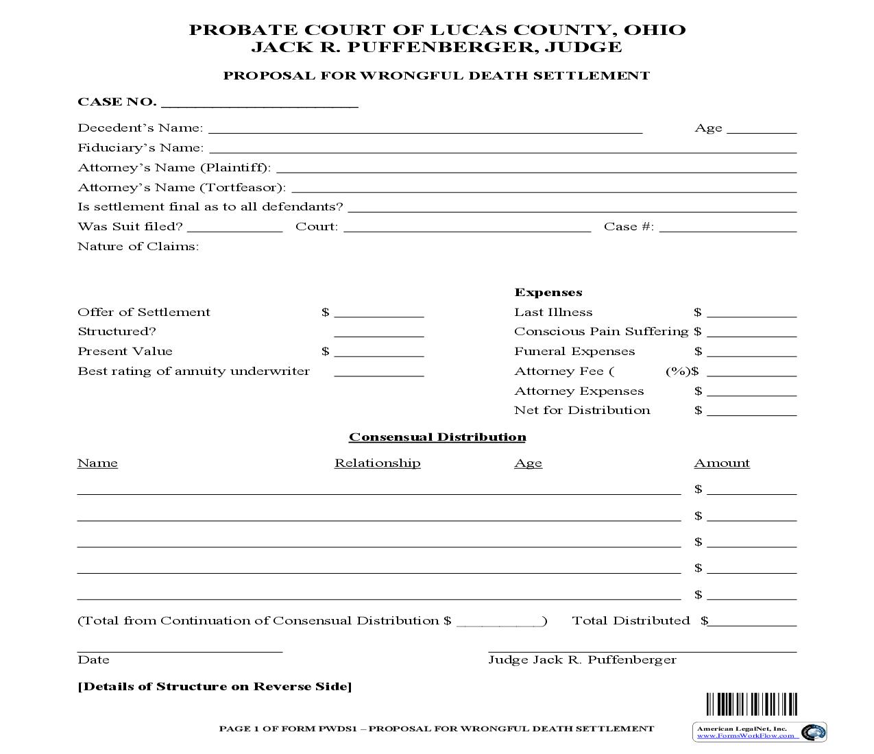 Proposal For Wrongful Death Settlement {PWDS1} | Pdf Fpdf Doc Docx | Ohio
