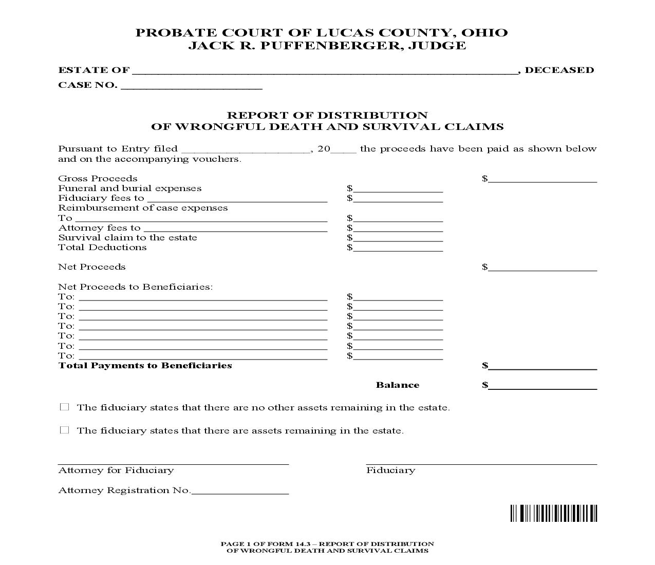 Report Of Distribution Of Wrongful Death And Survival Claims {14.3} | Pdf Fpdf Doc Docx | Ohio