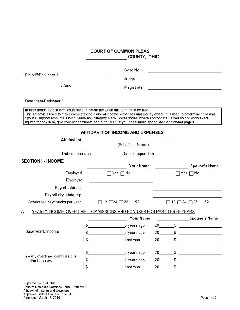 Affidavit Of Income Expenses | Pdf Fpdf Doc Docx | Ohio