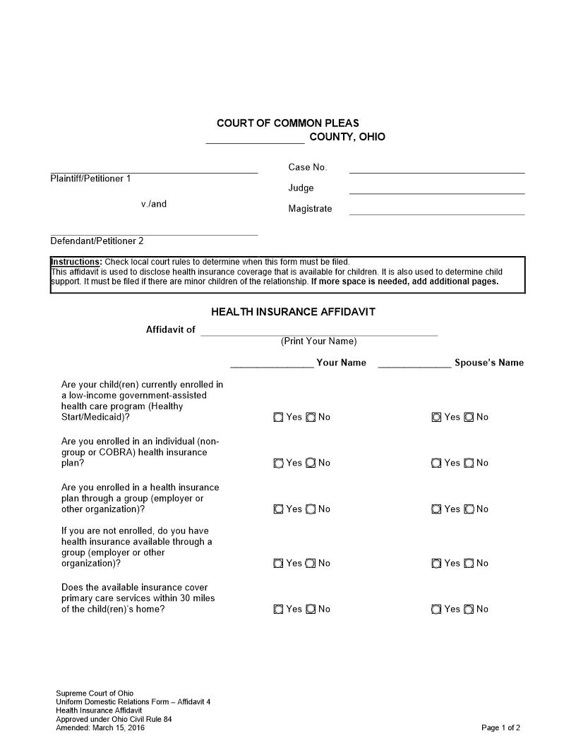 Health Insurance Affidavit | Pdf Fpdf Doc Docx | Ohio
