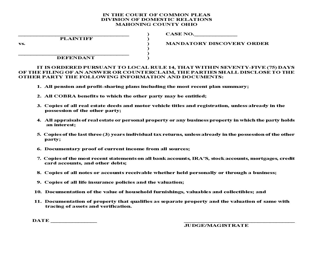 Mandatory Discovery Order | Pdf Fpdf Doc Docx | Ohio