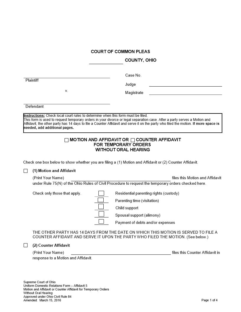 Motion And Affidavit Or Counter Affidavit For Temporary Orders Without Oral Hearing | Pdf Fpdf Doc Docx | Ohio