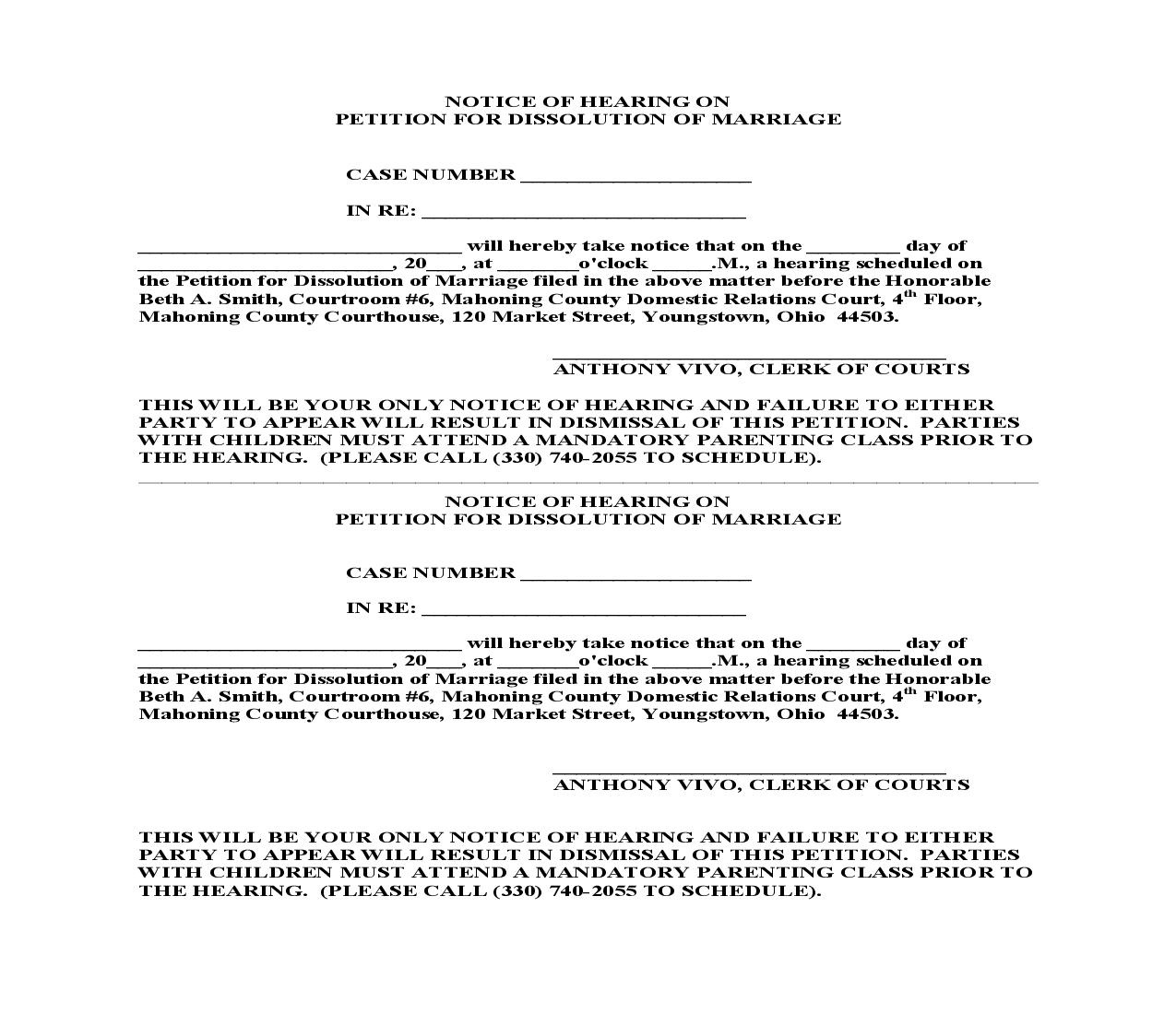 Notice Of Hearing On Petition For Dissolution Of Marriage | Pdf Fpdf Doc Docx | Ohio