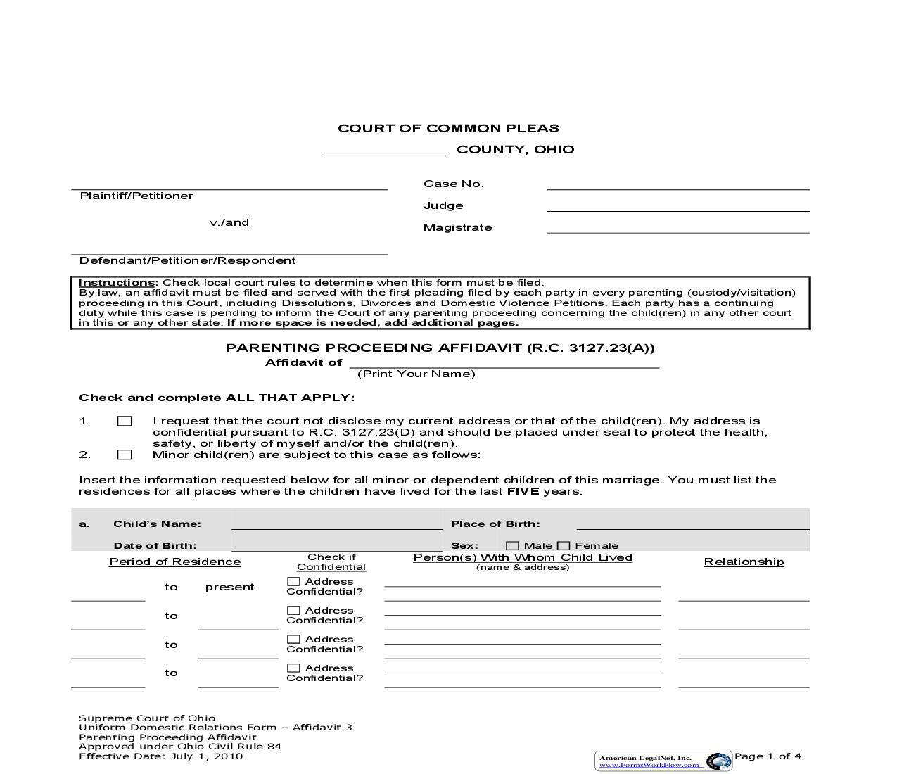 Parenting Proceeding  Affidavit | Pdf Fpdf Doc Docx | Ohio