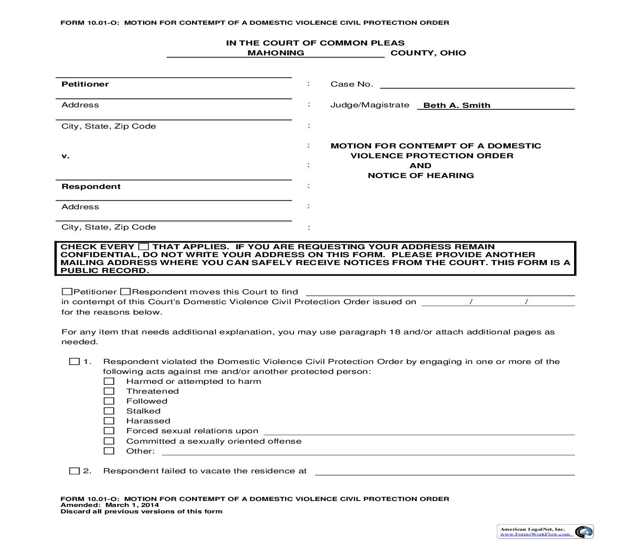 Motion For Contempt Of A Domestic Violence Civil Protection Order {10.01-O} | Pdf Fpdf Doc Docx | Ohio