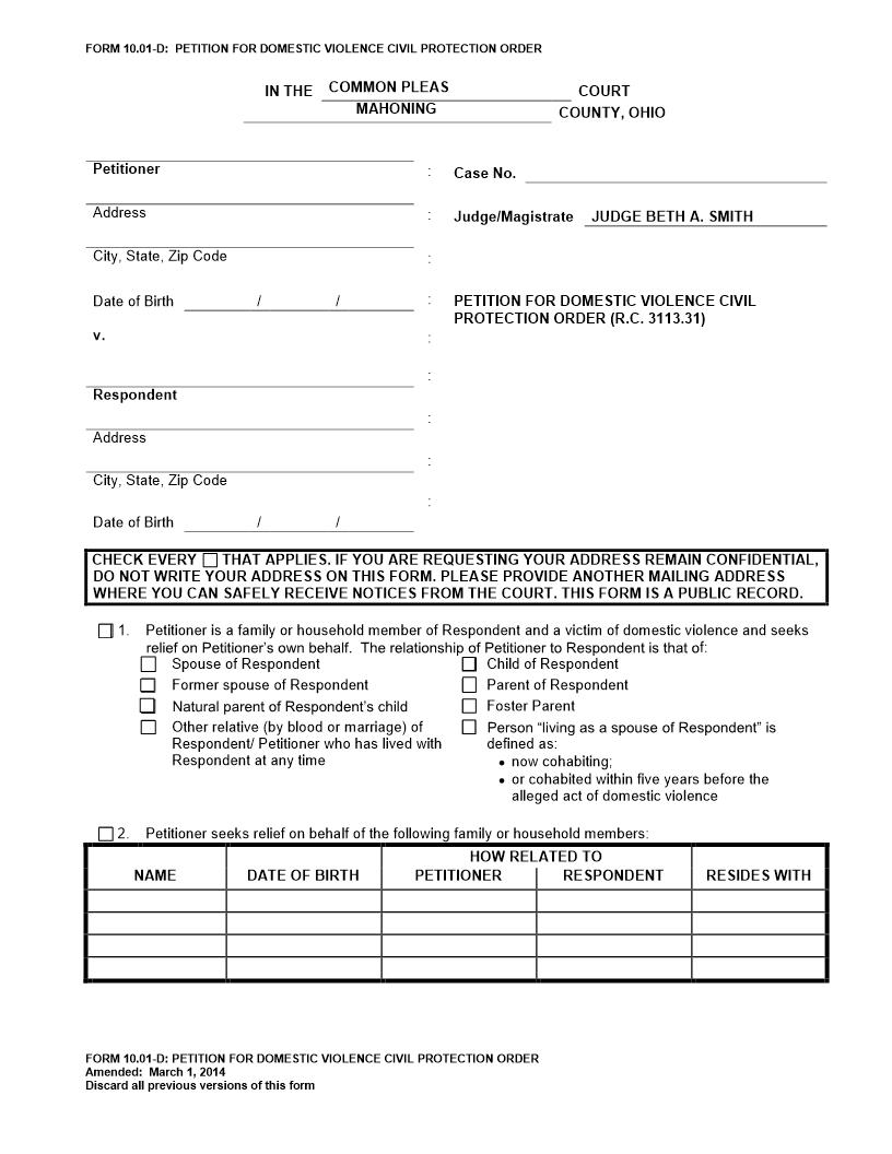 Petition For Domestic Violence Civil Protection Order {10.01-D} | Pdf Fpdf Doc Docx | Ohio