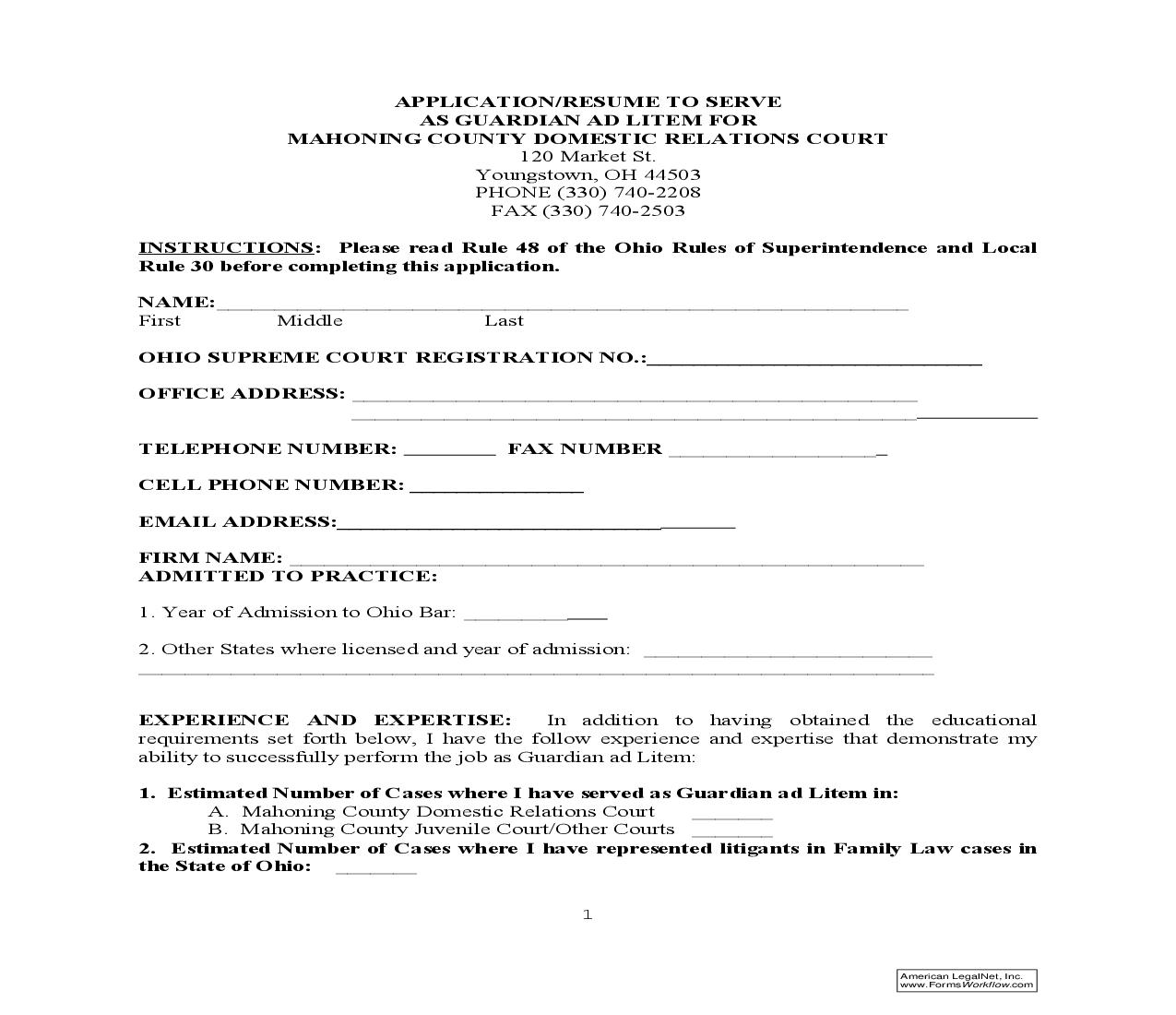 Application Resume To Serve As Guardian Ad Litem | Pdf Fpdf Doc Docx | Ohio