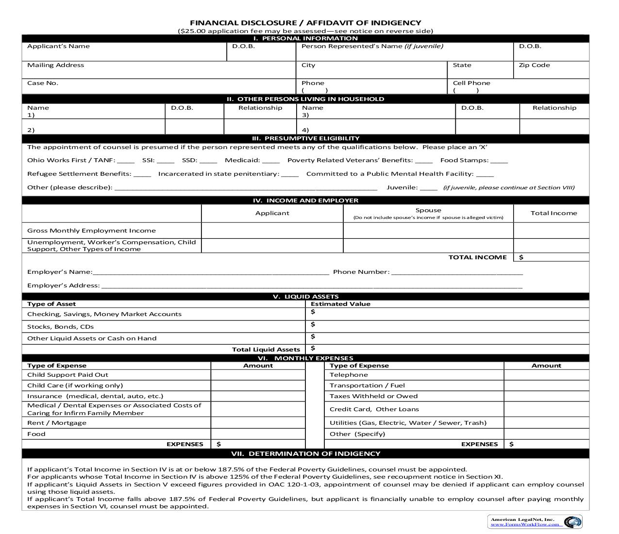 Financial Disclosure Affidavit Of Indigency | Pdf Fpdf Doc Docx | Ohio