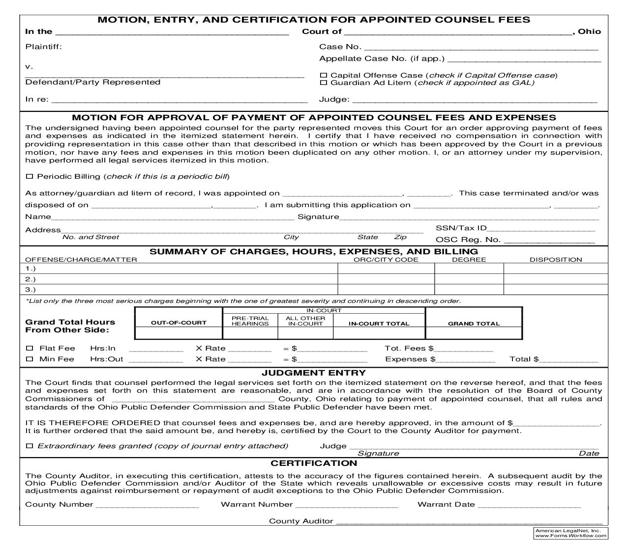 Motion Entry And Certification For Appointed Counsel Fees | Pdf Fpdf Doc Docx | Ohio