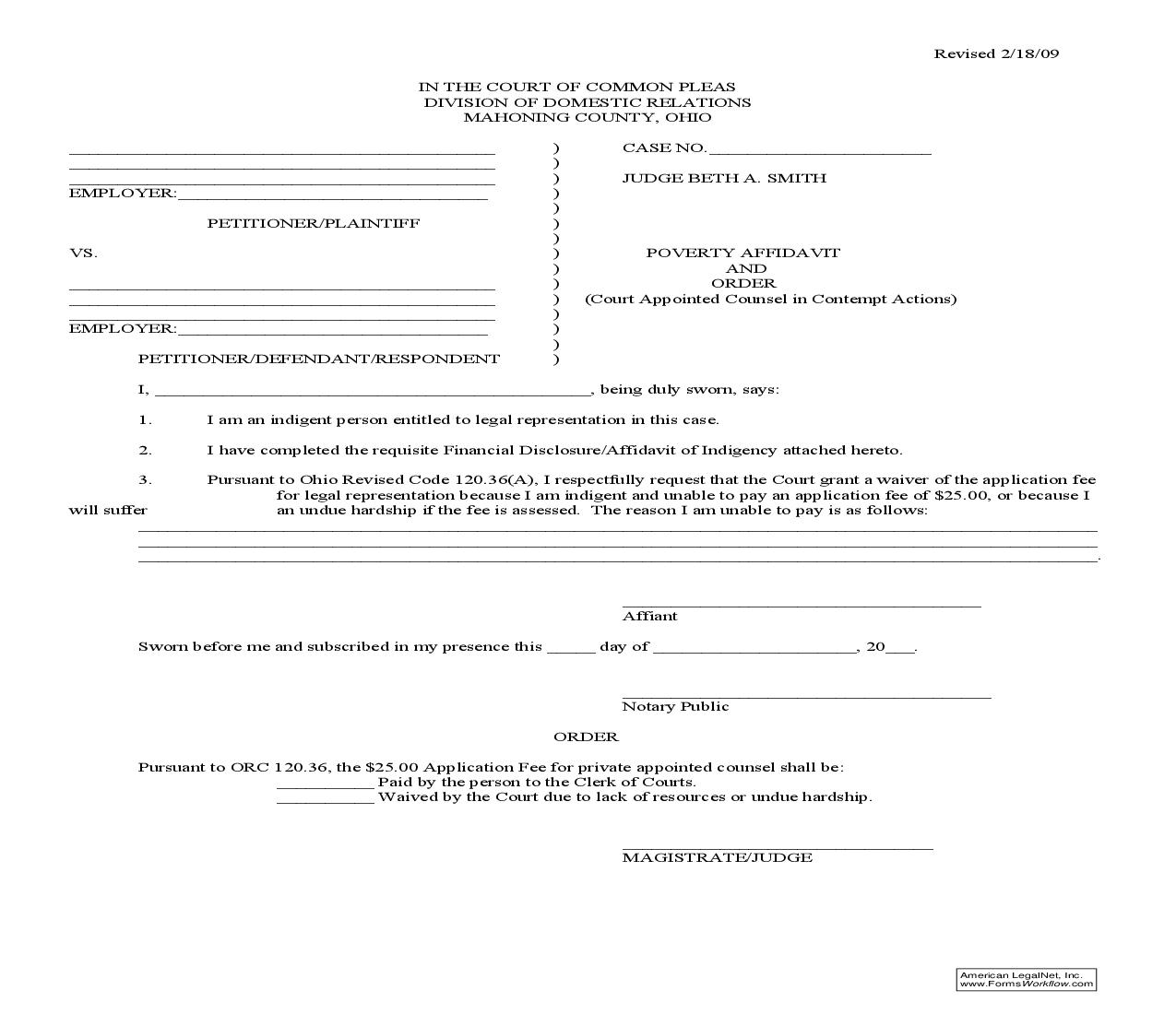 Poverty Affidavit And Order Court Appointed Counsel | Pdf Fpdf Doc Docx | Ohio
