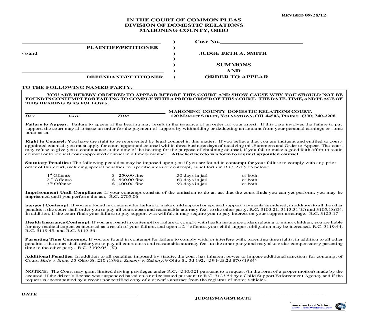 Summons And Order To Appear | Pdf Fpdf Doc Docx | Ohio