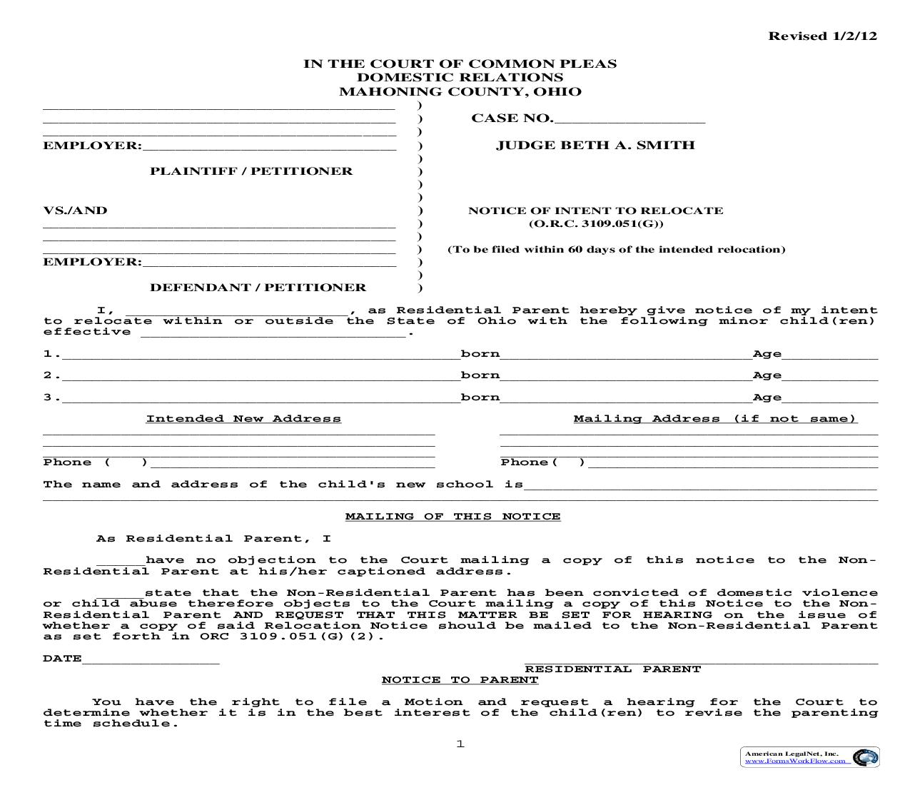 Notice Of Intent To Relocate Local | Pdf Fpdf Doc Docx | Ohio