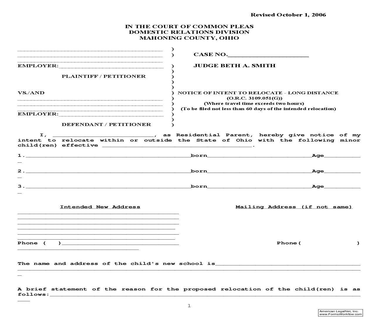 Notice Of Intent To Relocate Long Distance | Pdf Fpdf Doc Docx | Ohio