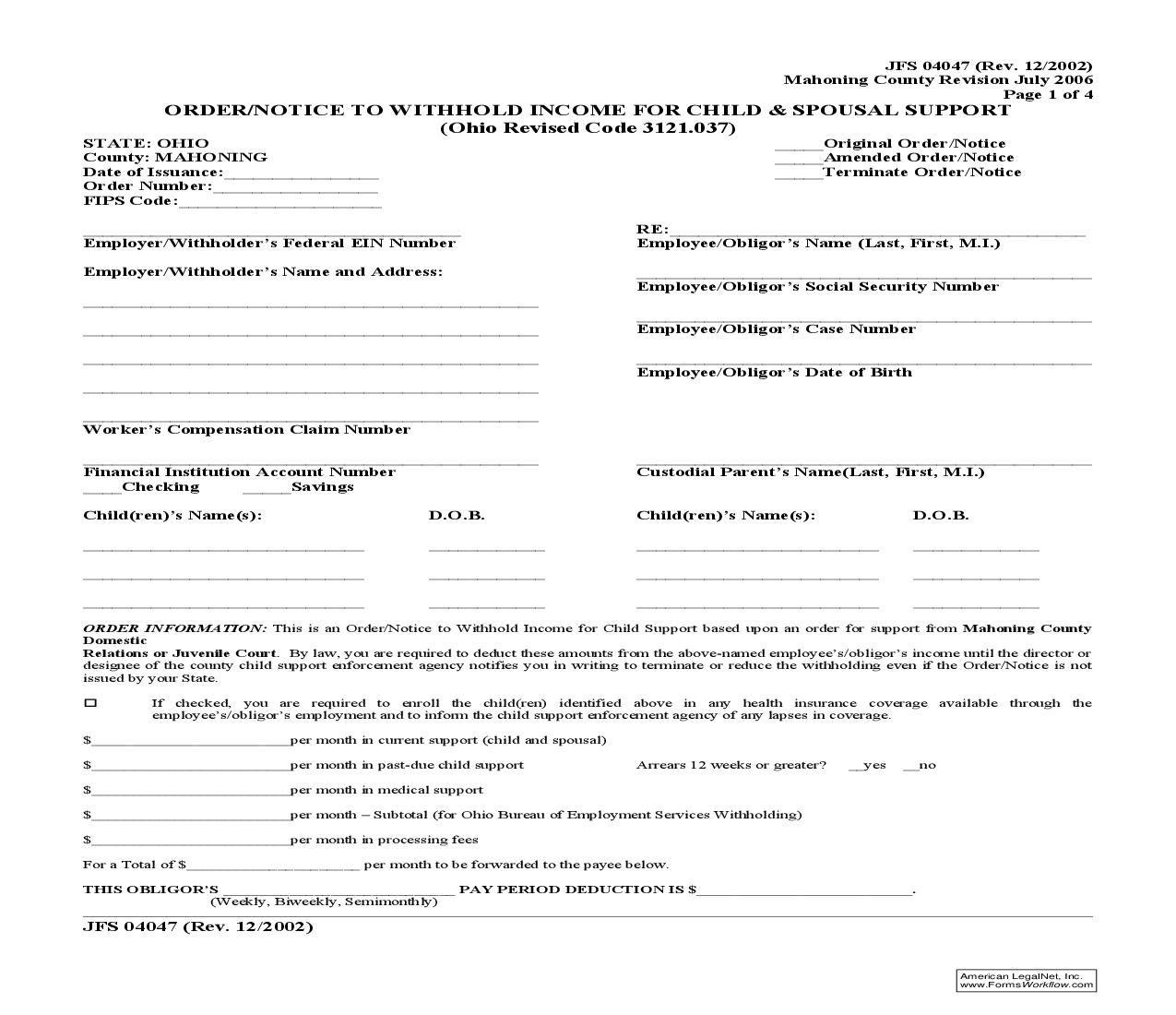 Order Or Notice To Withhold Income For Child And Spousal Support {DJFS 4047} | Pdf Fpdf Doc Docx | Ohio