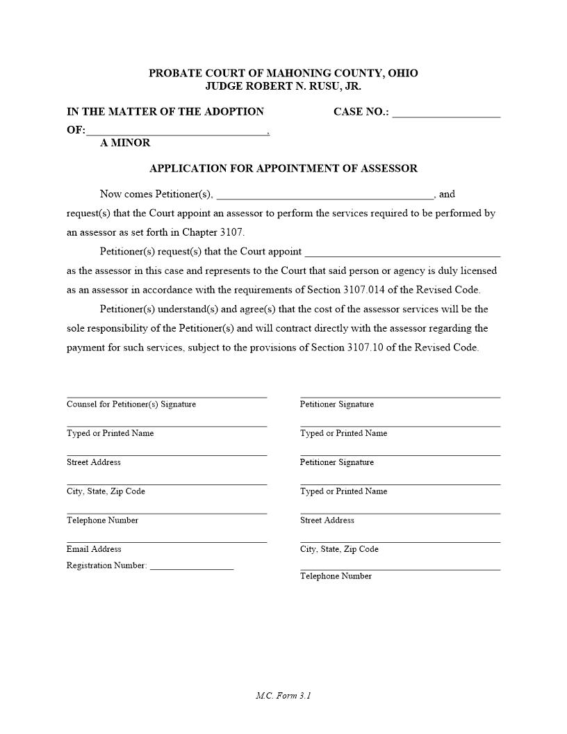 Application  For Appointment Of Assessor {3.1} | Pdf Fpdf Doc Docx | Ohio