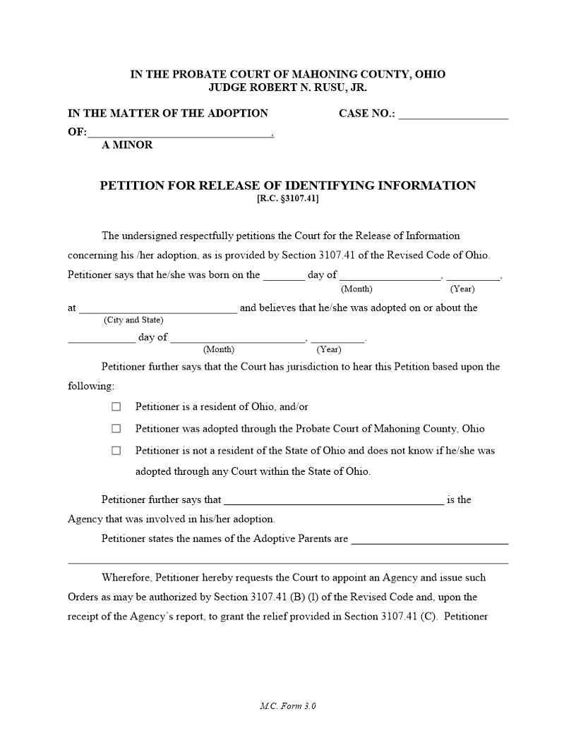 Petition For Release Of Identifying Information {3.0} | Pdf Fpdf Doc Docx | Ohio