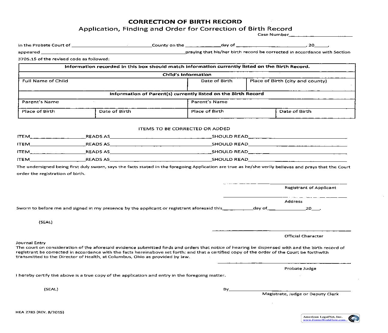 Correction Of Birth Record Application Finding And Order For Correction Of Birth Record {2.0} |  | Ohio
