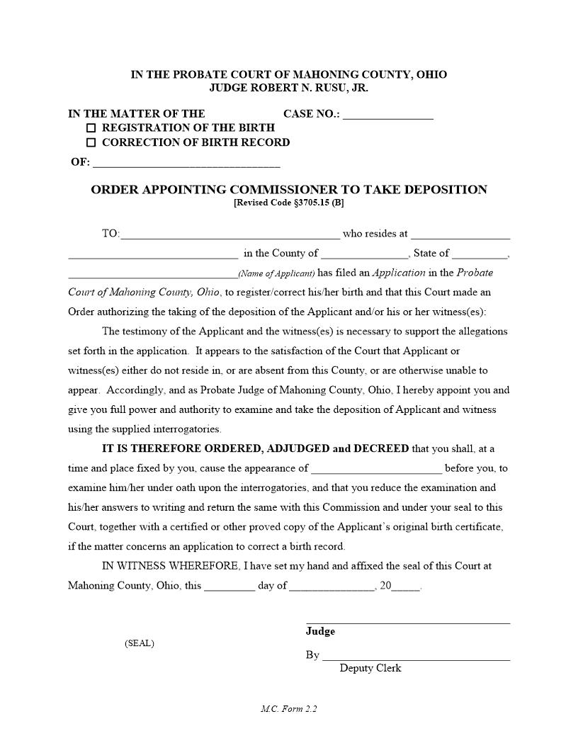Order Appointing Commissioner To Take Deposition {2.2} | Pdf Fpdf Doc Docx | Ohio
