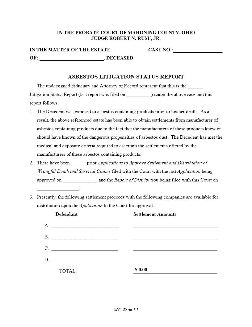 Asbestos Litigation Status Report {1.7} | Pdf Fpdf Doc Docx | Ohio
