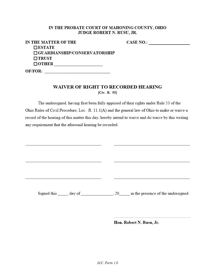 Waiver Of Right To Recorded Hearing {1.0} | Pdf Fpdf Doc Docx | Ohio