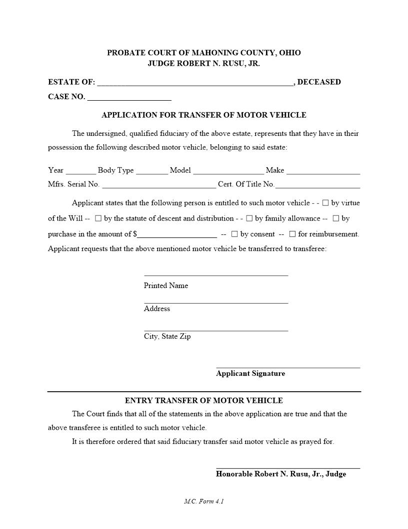 Application For Transfer Of Motor Vehicle {4.1} | Pdf Fpdf Doc Docx | Ohio