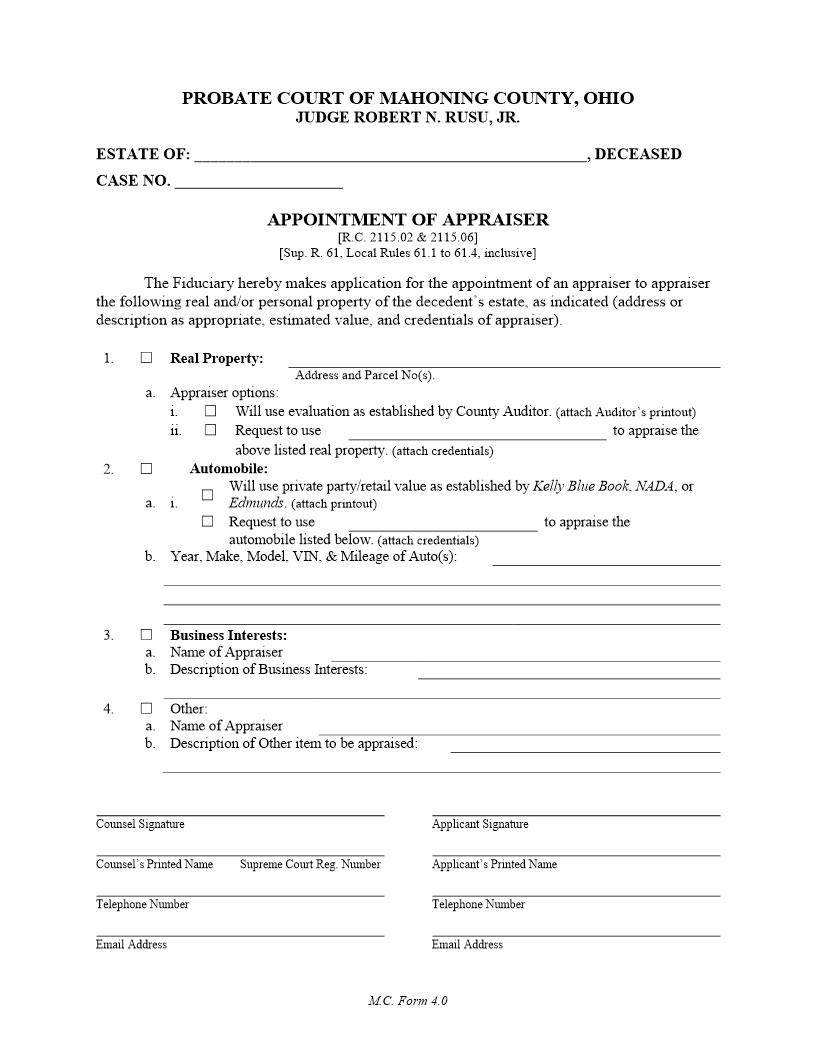 Appointment Of Appraiser {4.0} | Pdf Fpdf Doc Docx | Ohio