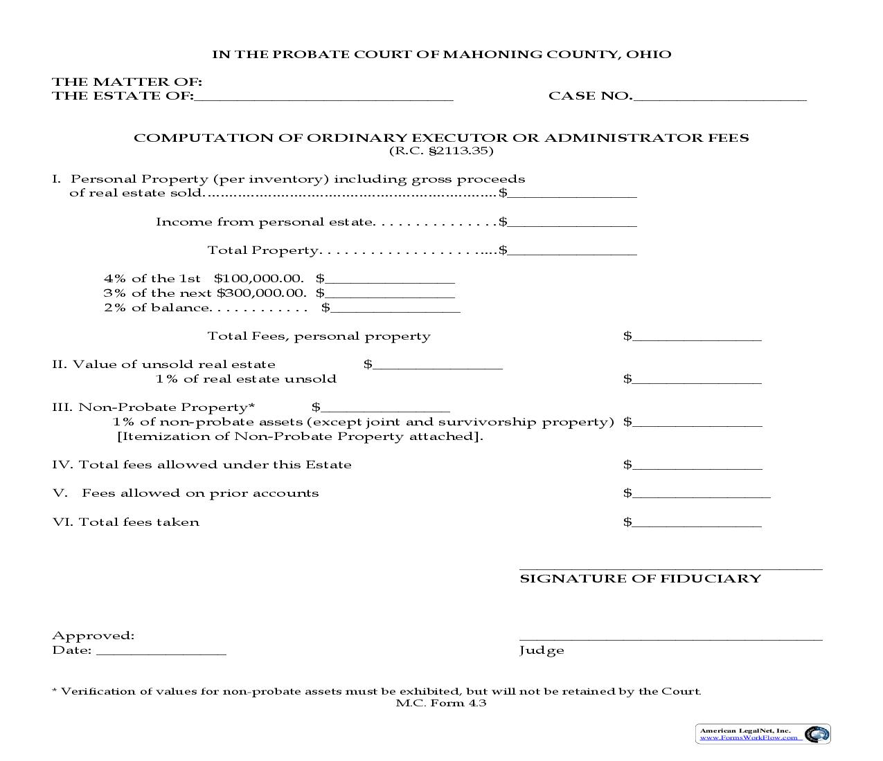 Computation Of Ordinary Executor Or Administrator Fees {4.3} | Pdf Fpdf Doc Docx | Ohio