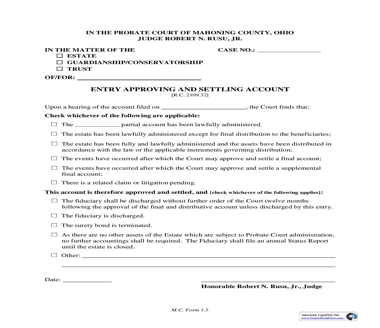 Entry Approving And Settling Account {1.5} | Pdf Fpdf Doc Docx | Ohio