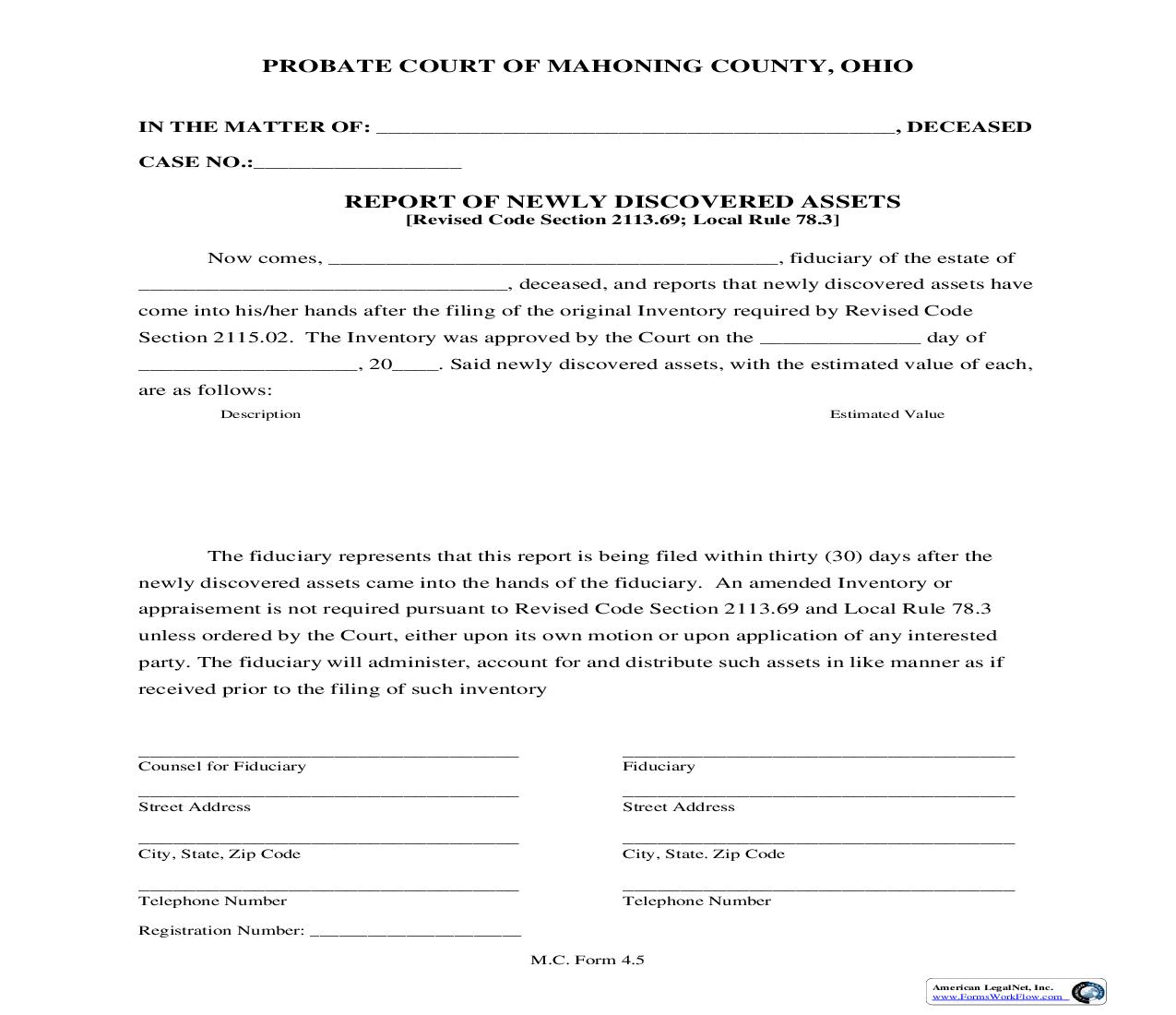 Report Of Newly Discovered Assets {4.5} | Pdf Fpdf Doc Docx | Ohio